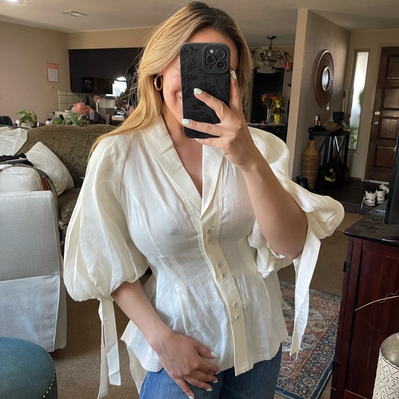 Aje | Silk Linen Puff Sleeve Train Backside Top In Cream Size: US 4 - Picture 4 of 11